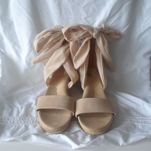 UGG Women's Beige Wedge Heel Ribbon Strap Sandals, US 7.5 Standard